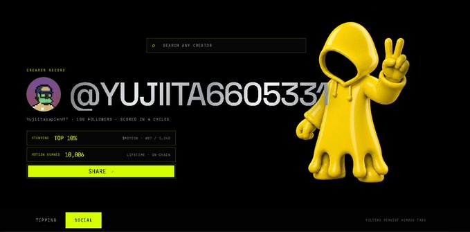 A creator record page on what appears to be a tipping platform, showing the username "@YUJIITA660533" with a "SHARE" button, a yellow hooded figure holding up a peace sign, and stats indicating 100 followers, 10,086 active bundles, and a 10% emotion tip ranking.