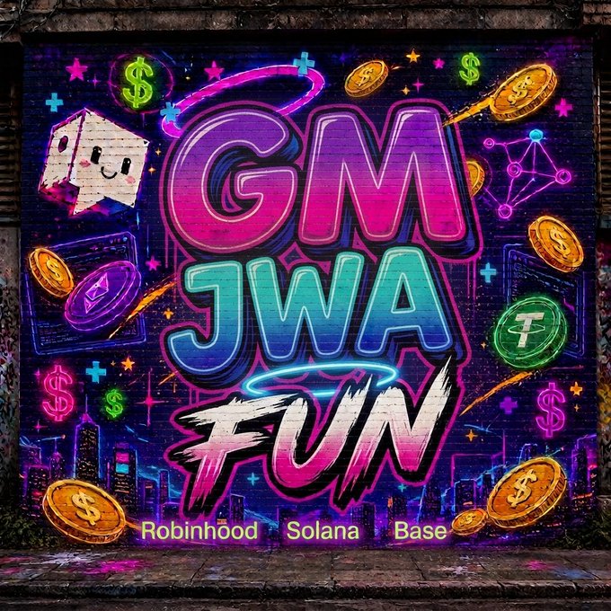 A vibrant neon-style graffiti mural on a brick wall reading "GM JWA FUN" with cryptocurrency coins, a cute character, and "Robinhood Solana Base" text at the bottom.