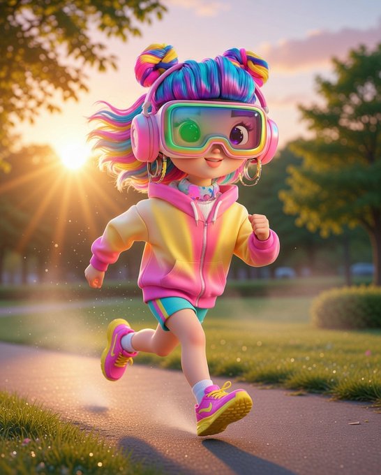 The image features a cartoon girl running down a path, wearing headphones and glasses. The background of the image shows trees and a sunset, creating a serene atmosphere. There are also cars visible in the scene, suggesting that this setting could be near a road or parking lot. The caption provided is related to a post about quantum computing, which seems unrelated to the girl running down the path.
