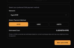 A cryptocurrency payment interface displays an estimated cost of 0.201679 HYP for a "Bitcoin Cyborgs" minting transaction, with selectable methods including HyperETH and options like USDC/USDT, supporting the post's announcement that Bitcoin Cyborgs can be minted using the $HYPE token on OrdX.