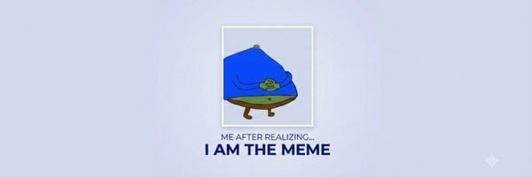 A blue character with a smug expression rests his face on a brown mound, with text reading "ME AFTER REALIZING... I AM THE MEME." The smug, self-aware pose cleverly mirrors the post's $GAINZY meme branding, reinforcing the "I am the meme" theme being promoted.