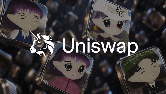 The Uniswap logo is displayed over a background featuring cartoon-style character tiles on a dark, glossy surface.