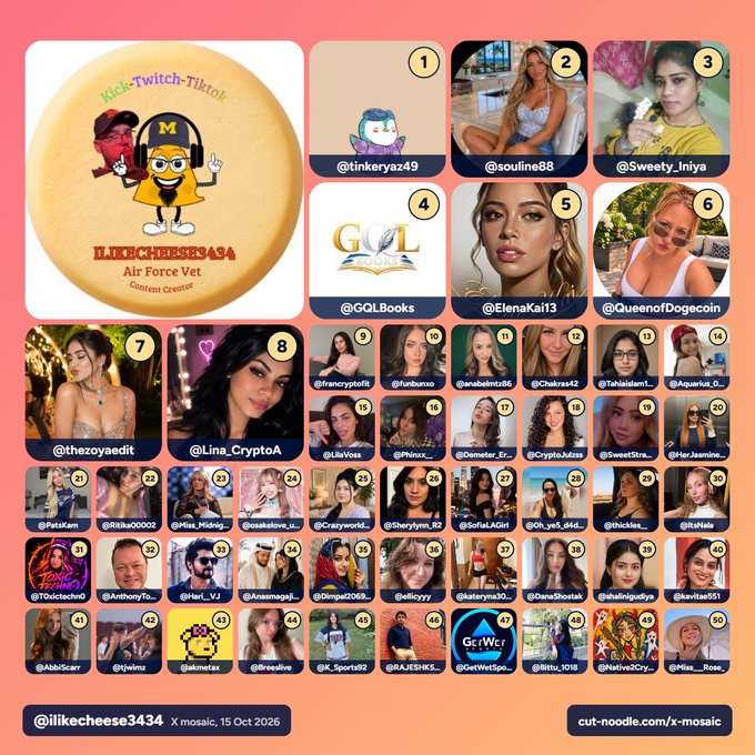Image 1: A mosaic profile created from cut-noodle.com/x-mosaic for @ilikecheese3434, dated 15 Oct 2026, featuring 47 numbered profile pictures of various social media accounts like @tinkeryaz49, @souline88, and @Sweetly_lniya.