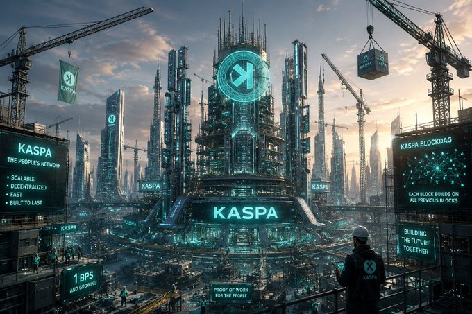 A futuristic skyline of KASPA’s “People’s Network”—towering neon‑lit spires, construction cranes, and digital billboards proclaiming “KASPA THE PEOPLE’S NETWORK,” “1 BPS AND GROWING,” “PROOF OF WORK FOR THE PEOPLE,” and “KASPA BLOCKDAG”—visualizes the ambitious, scalable blockchain projects emerging on $KAS.