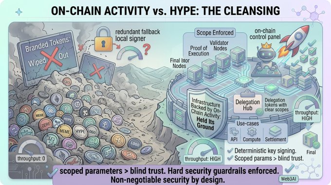 A split illustration titled 'ON-CHAIN ACTIVITY vs. HYPE: THE CLEANSING' showing a 'Wiped Out' branded token area with 'throughput: 0' versus a secured 'Infrastructure' with 'throughput: HIGH'.