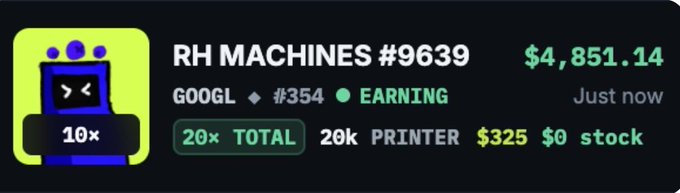 RH MACHINES #9639 listing showing $4,851.14 price with 'EARNING' status, 20× total multiplier, and 20k printer stock on GOOGL.