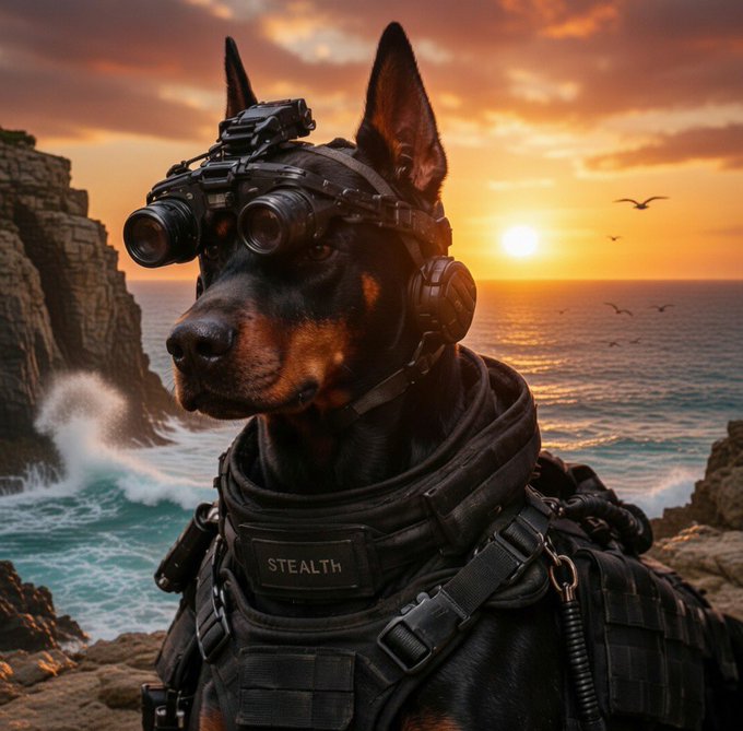A Doberman equipped with tactical night-vision goggles and a "STEALTH" name patch stands on a coastal cliff at sunset, with seabirds flying against the orange sky. The image pairs with the post "2NN," suggesting a futuristic or military-themed concept tied to the stealth moniker on its vest.