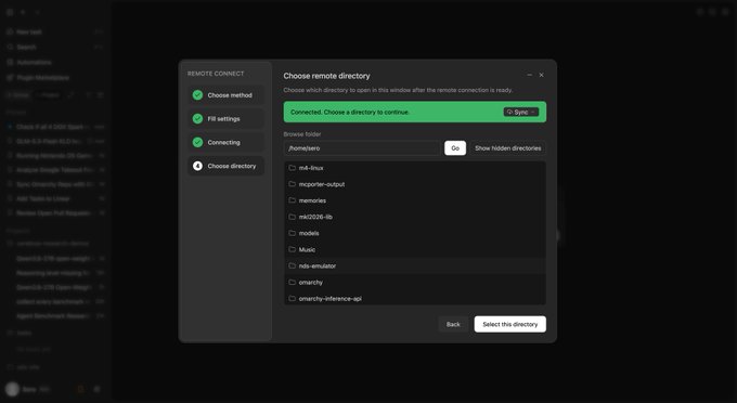 A screenshot of the ZCode app showing a "Choose remote directory" dialog with a list of folders (including .cache, m4-linux, memories, and modes) and a green status bar reading "Connected. Choose a directory to continue," illustrating the post's message about setting up remote connections for 24/7 AI-assisted coding work.