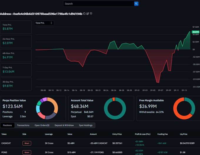 A cryptocurrency trading dashboard displaying a PnL chart for address '0xefe4c06b6d310978bead596e1798a4fc1d9d194b' with a Total PnL of $5.87M, showing positions in tokens like CASHCAT and PONS.