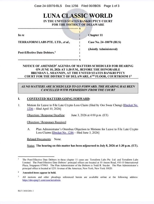 The image shows a document titled "Luna Classic World" with a list of dates, including one for July 8th. The text indicates that the court hearing has been postponed until July 8th, and there are legal clarity issues surrounding the case.