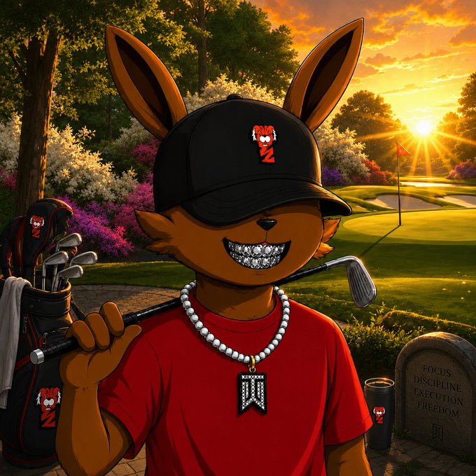 A stylized illustration of an anthropomorphic rabbit character wearing a black cap, diamond grillz, and a red shirt, holding a golf club on a golf course at sunset, with a tombstone reading 'FOCUS, DISCIPLINE, EXECUTION, FREEDOM' visible on the right.