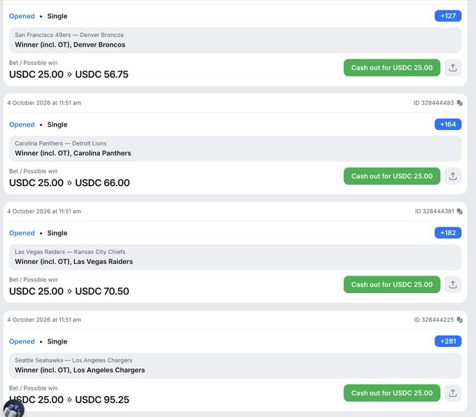 A sports betting interface showing open single bets on NFL games including 49ers vs Broncos (+127), Panthers vs Lions (+164), Raiders vs Chiefs (+182), and Seahawks vs Chargers (+281), with USDC amounts and cash out buttons.