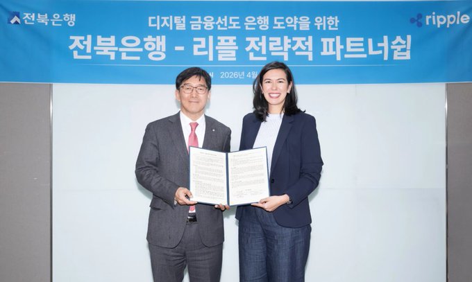 Two people stand holding an open document under a blue banner with Korean text reading '전북은행-리플 전략적 파트너십' (Jeonbuk Bank-Ripple Strategic Partnership), dated April 2026, with the Ripple logo visible.