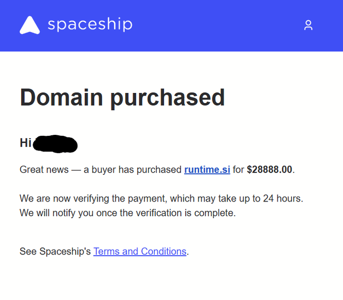 A Spaceship email notification confirms the sale of the domain "runtime.si" for $28,888.00, with the message stating "Domain purchased" and noting that payment verification may take up to 24 hours.