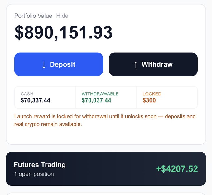 A trading portfolio dashboard displays a total value of $890,151.93, with $70,037.44 withdrawable in cash (and $300 locked from a launch reward), plus a Futures Trading position showing an unrealized gain of +$4,207.52—visually reinforcing the poster's boast of nearing their $1,000,000 target.