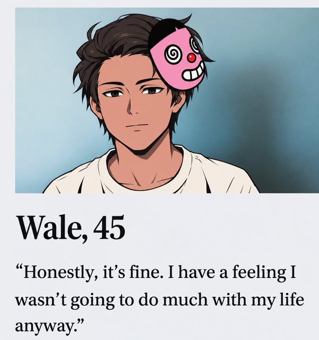 An anime-style character portrait shows a young man with a purple jester-like mask on his head, captioned 'Wale, 45' with the quote: 'Honestly, it's fine. I have a feeling I wasn't going to do much with my life anyway.'