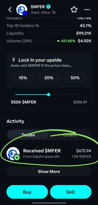 A crypto token page for $MFER (contract 0xe3...54ca) on Base shows an "Activity" log highlighting a received transfer of 1.1M $MFER (~$672.94) from bajohn.base.eth, circled in green. The screenshot serves as proof of the meme token tip mentioned in the post, confirming the sender's decentralized identity and the amount.