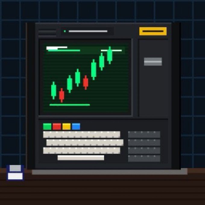 Pixel art illustration of a retro-style computer monitor displaying a green candlestick chart with a keyboard below, set against a dark grid background.