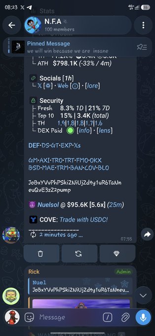 The image shows a Telegram group chat named "N.F.A" with a pinned message displaying crypto token statistics including "ATH $798.1K (-33% / 4m)," security details, a contract address, and a Solscan link, along with mentions of "$95.6K [5.6x]" returns. The image appears to be used as proof of paid group performance, with the post promoting a free Telegram channel and contradicting the claim by offering similar content at no cost.