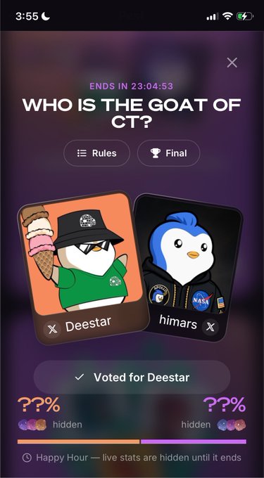 A mobile voting app screen titled 'WHO IS THE GOAT OF CT?' showing two penguin avatar candidates, 'Deestar' and 'himars', with the user having voted for Deestar and 27:04:53 remaining.
