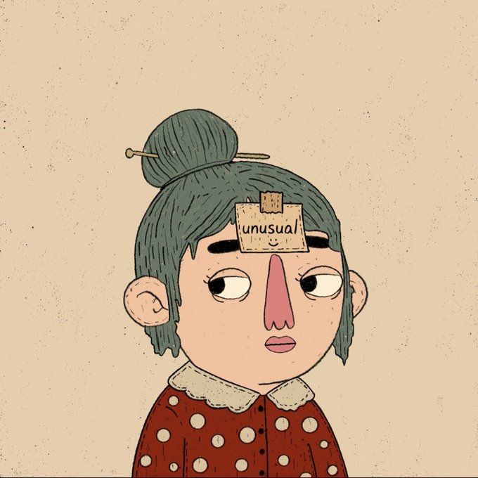 A stylized illustration shows a girl with a bun, wearing a polka-dot shirt, with a label reading "unusual" stuck to her forehead. The post "Stay Unusual" reinforces the image's quirky, unconventional theme by literally labeling her as out of the ordinary.
