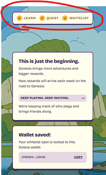 A mobile app interface screenshot showing a cartoon landscape with a red circle highlighting three checkmarks for 'LEARN', 'QUEST', and 'WHITELIST' tasks, along with text about Genesis rewards and a saved Solana wallet address '2P8NRX..UEKW'.