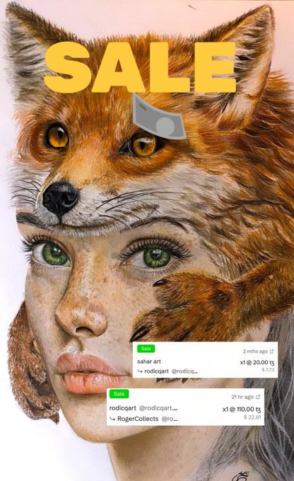 A striking illustration showing a fox's head seamlessly merged with a woman's face, adorned with large yellow "SALE" lettering across the top. Overlaid graphics display transaction details confirming a secondary NFT sale, with @rogercollects purchasing the piece by @sahar_art for 20.00 tez (≈$20.01), along with a previous sale of 10.00 tez to the same buyer.