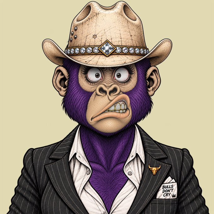 An illustration of a purple monkey wearing a cowboy hat, a pinstripe suit with a bull lapel pin, and a pocket square that reads 'BULLS DON'T CRY'.