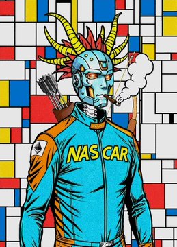 A pop art-style illustration depicts a robotic humanoid figure with horns and flame-like hair wearing a blue NASCAR racing suit, set against a Mondrian-inspired background of red, blue, yellow, and white rectangles.