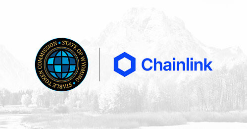 An announcement graphic featuring the Wyoming State Seal alongside the Chainlink logo set against a faded background of snow-covered mountains.