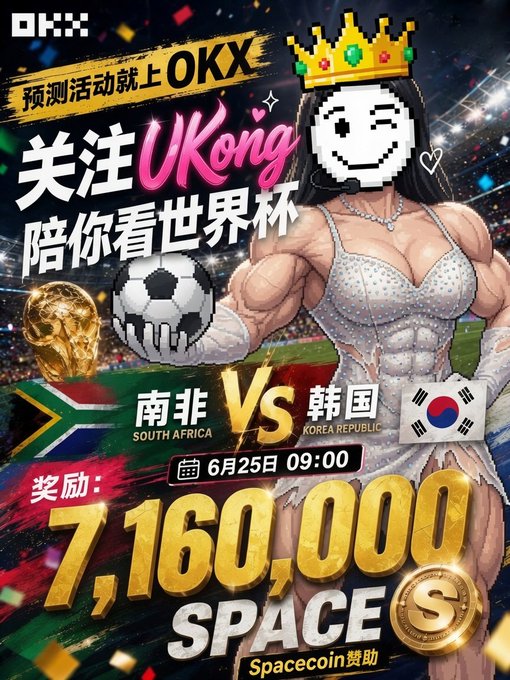 The image features an advertisement poster for a World Cup event. The poster showcases two women dressed up as South Africa and South Korea, with one of them holding a soccer ball while wearing a crown. The text on the poster indicates that the winner of this match will receive 7,160,000 Space coins. The poster also includes a post predicting the outcome of the World Cup, suggesting that it is an exciting event for fans to watch.