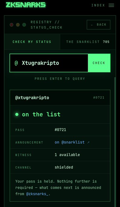 A screenshot of a ZKSNARKS registry status check page showing '@xtugrakripto' as pass #0721, marked 'on the list' with a shielded channel.