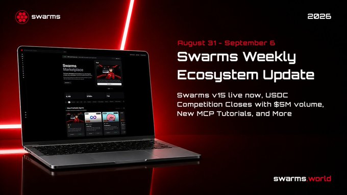 An announcement for the Swarms Weekly Ecosystem Update (August 31 - September 5) detailing Swarms v15, a $5M USDC Competition closeout, and new MCP tutorials.