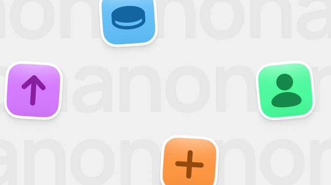 Four colorful app-style icons (a chat bubble, an upward arrow, a user profile, and a plus sign) are scattered across a background watermarked with the repeating text "anon," visually representing the anonymous, mysterious vibe of the DogeOS teaser.