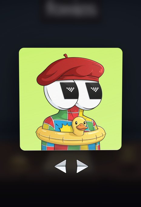 A cartoon app icon shows a stylized figure in a red beret and sunglasses holding a yellow duck, set against a light green background.