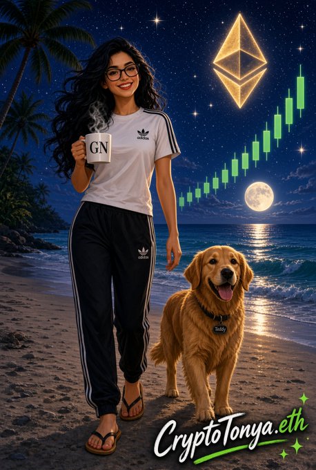 A digital illustration of a smiling woman with glasses holding a 'GN' mug, standing on a beach with a golden retriever named 'Teddy', accompanied by an Ethereum logo and green stock chart with 'CryptoTonya.eth' text.
