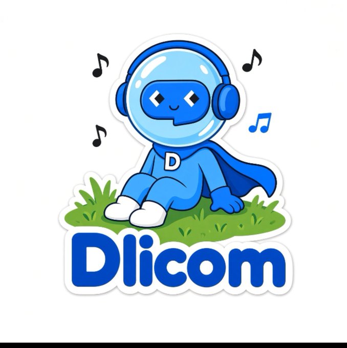 A cute cartoon mascot character of a blue robot-like figure with headphones and a cape, sitting on grass surrounded by musical notes, with 'D' on its chest and 'Dlicom' displayed below.