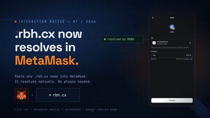 The image is a promotional graphic announcing that .rbh.cx domain names now resolve natively in MetaMask, showing a mobile wallet interface with the example address resolving to "0xae903ee2...Eth" along with text explaining users can paste any .rbh.cx name into MetaMask to get the address without any plugin needed, and the caption notes the integration works across MetaMask mobile and extension as well as other wallets like Trust Wallet, Rabby, Rainbow, and Uniswap Wallet.