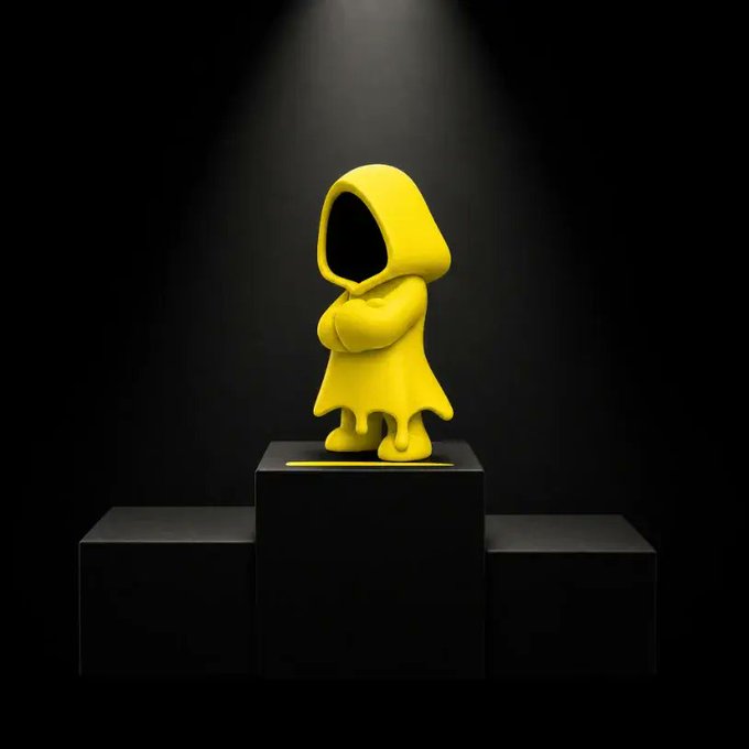A yellow hooded figurine with arms crossed stands on a black pedestal under a spotlight against a dark background.