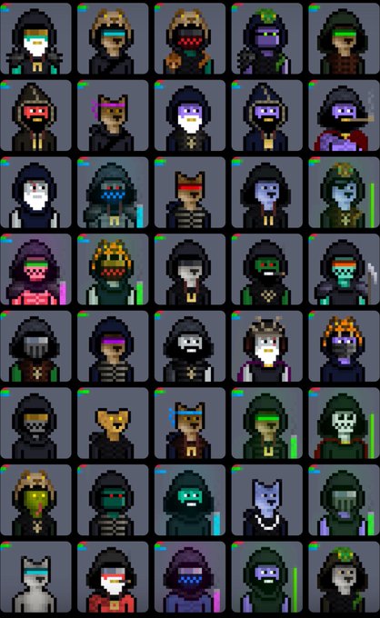 A grid of pixel-art character portraits showing diverse figures in dark hooded cloaks, helmets, and masks with varied color schemes including purples, greens, blues, and reds.