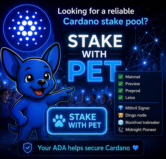A promotional graphic featuring a blue cartoon dog character pointing toward a glowing Cardano logo, advertising "STAKE WITH PET" as a reliable Cardano stake pool supporting Mainnet, Preview, Preprod, and Leios networks, with tags including Mithril Signer, Dingo node, Blockfrost Icebreaker, and Midnight Pioneer, and the tagline "Your ADA helps secure Cardano." The image aligns with the post's message of supporting decentralization by encouraging delegation to small stake pool operators (SPOs).