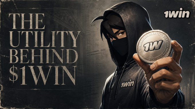 An advertisement for '1win' featuring a hooded masked character holding a coin, with the text 'THE UTILITY BEHIND $1WIN' and the '1win' logo.