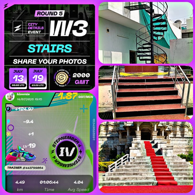 A collage for a StepN 'City Details Event' Round 3 'Stairs' photo contest with a 2000 GMT prize pool, featuring staircase images and a gameplay screenshot showing a sneaker NFT and runner stats.