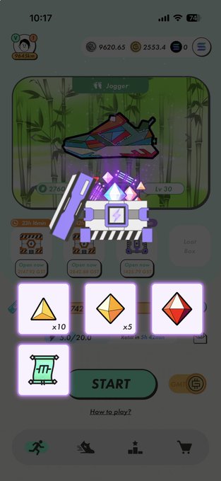 A mobile game interface showing a "Jogger" shoe item and a gacha-style reward screen with triangular and scroll icons, along with a "START" button.