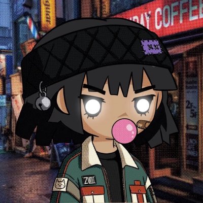 A stylized cartoon character with glowing white eyes and pink bubblegum wears a black beanie with '4333' and a green jacket, standing in a city setting.