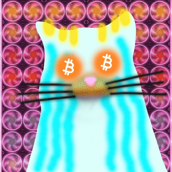 A surreal digital artwork featuring a cat with orange eyes containing Bitcoin (₿) symbols, set against a background of pink and purple turbines.