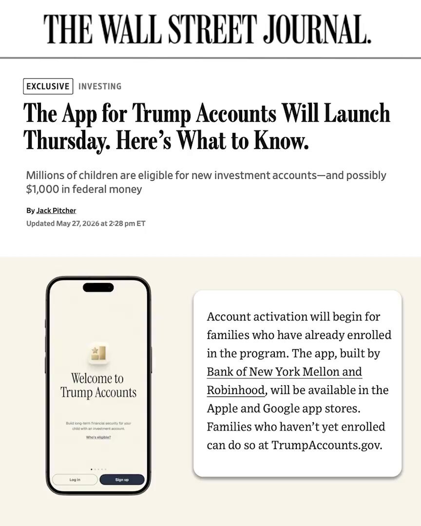 The image shows a smartphone screen displaying an app called "The Wall Street Journal App for Trump Accounts Will Launch Thursday, Here's What to Know." The phone screen also displays a message about Robinhood, which is a mobile trading platform that allows users to invest in stocks and other assets with their mobile devices.

The post on the Wall Street Journal website discusses the app and Robinhood, providing information about how these platforms work and what they can offer users. It seems like the image has been used as part of an article or blog post related to financial news and apps.