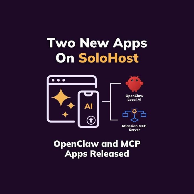 A promotional graphic with a dark purple background announcing "Two New Apps On SoloHost," featuring illustrations of a browser window with sparkles and a phone displaying "AI," alongside icons for "OpenClaw Local AI" (a red character) and "Atlassian MCP Server," with bottom text reading "OpenClaw and MCP Apps Released." The image relates to the post by visually highlighting SoloHost's expansion of Pi Desktop and Node utility into AI tools for the Pi ecosystem.