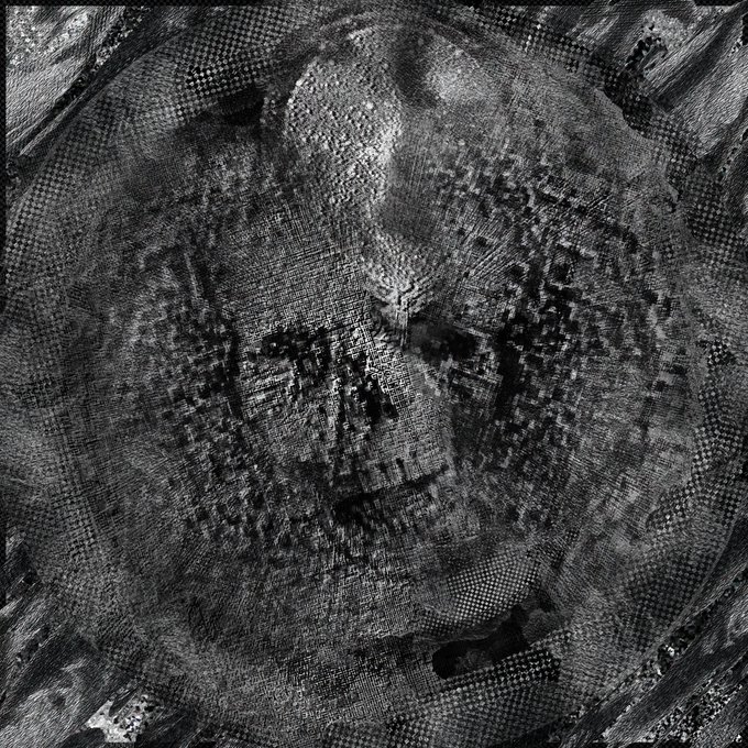 A heavily distorted, high-contrast black and white image showing abstract, glitchy textures with what appears to be a faint human face barely visible through the noise.