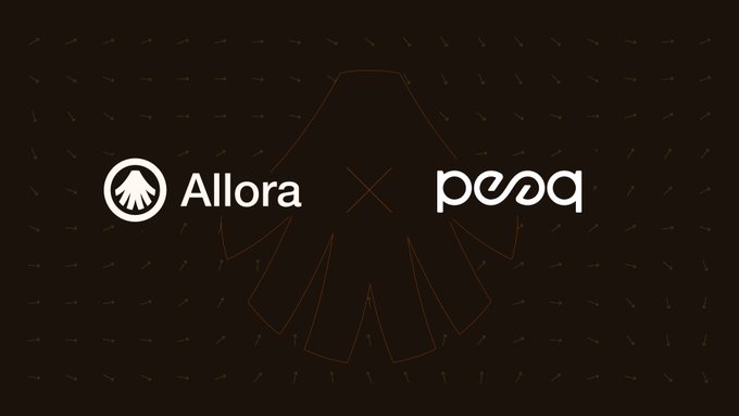 Promotional graphic displaying the logos of 'Allora' and 'peaq' separated by an 'X' on a dark background with a subtle geometric pattern.